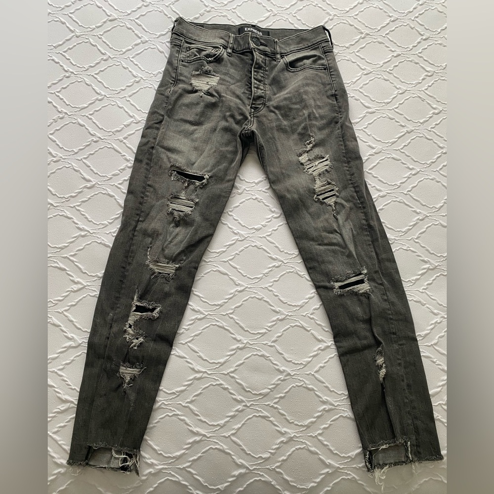 Express - Dark Grey / Black High Rise Distressed Vintage Skinny Jean